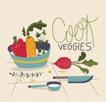 Coloured vegetables and kitchen utensils vector material