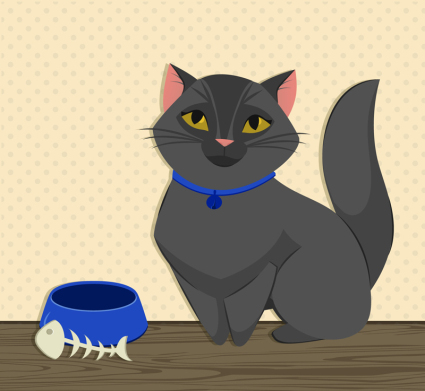 Cute black cat and fish bones vector material