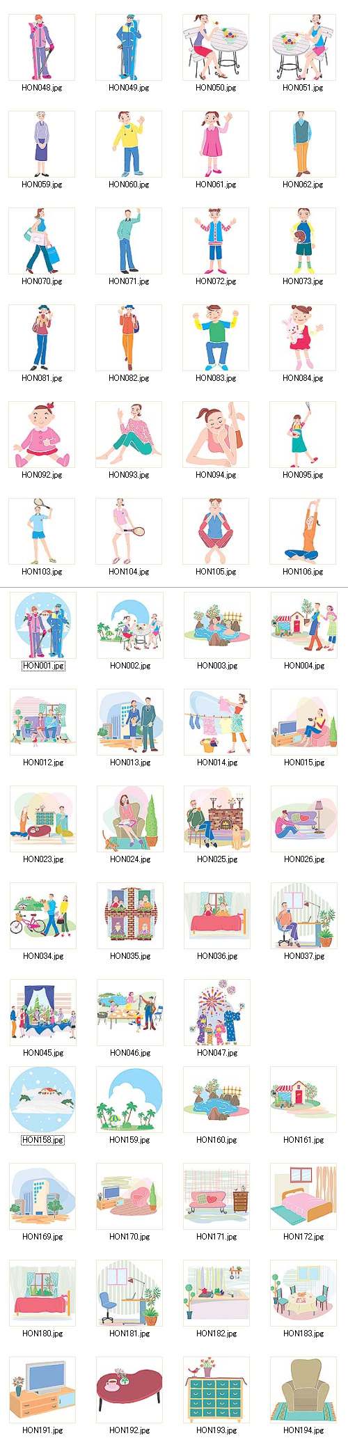 Cartoon family, school, people, furniture