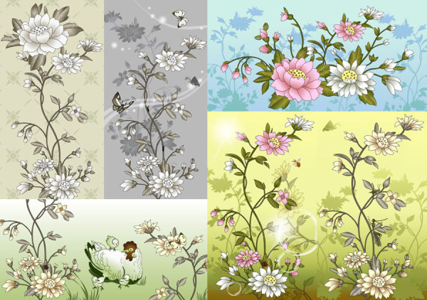 Flowers, butterflies, chicks, hens, bees, grasshoppers 
