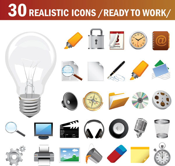 Light bulbs, mark pen, lock, horn, compass, microphone, timer vector 