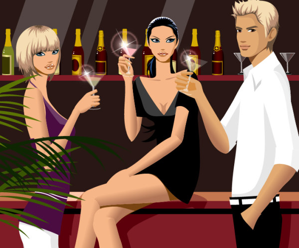 Bar casual gathering of men and women drink alcohol