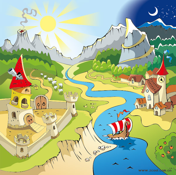 The sun, moon, volcanoes, castles, sailing