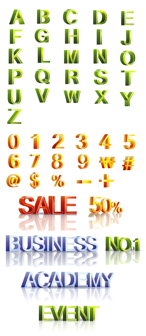 Letters and three-dimensional digital vector material