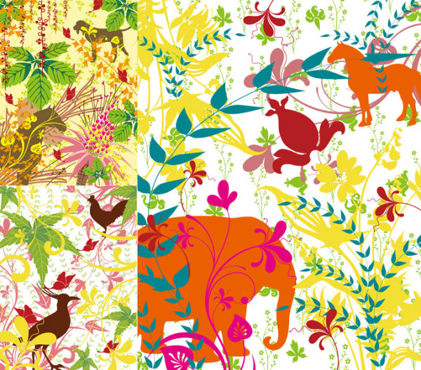 Profusion plants and animals silhouette vector of material

