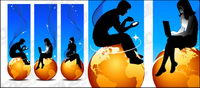 Earth and silhouette figures gold vector material