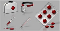 Medical kit, syringes, thermometer, thermometers, pill
