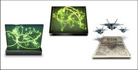 Maps, mac, satellites, aircraft carriers, fighter planes, tanks