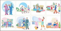 Cartoon family, school, people, furniture