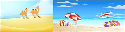 Desert, camels, sand, sun umbrella, buoy